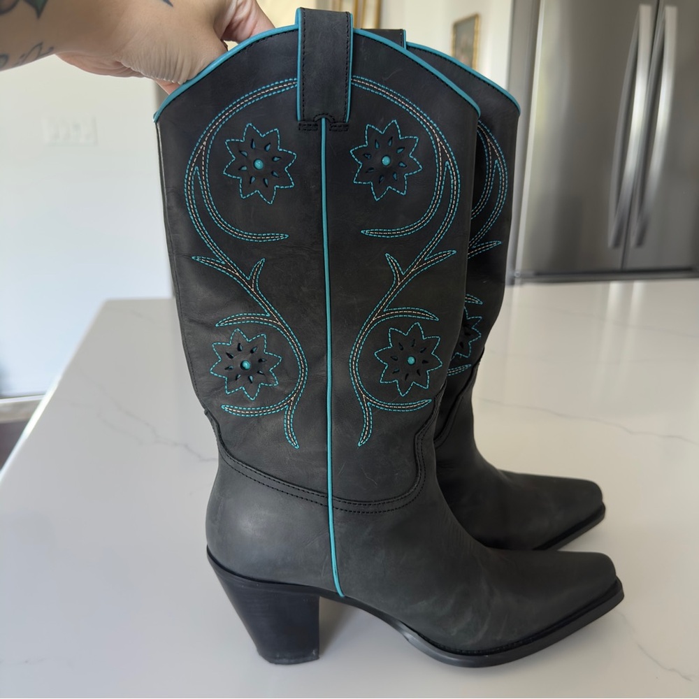 Franco Sarto grey and turquoise cowboy Boots with Embroidery